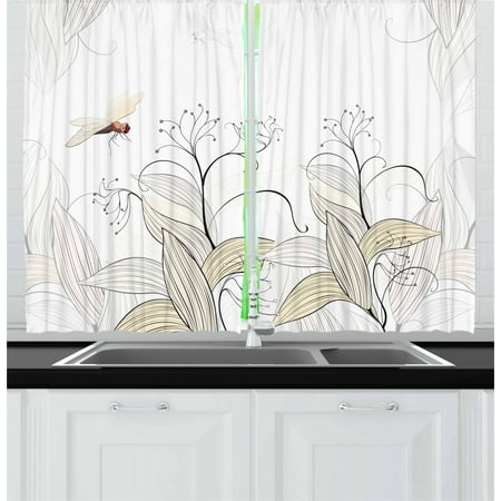 Mother Of Pearl Panels Dragonfly Curtains 2 Panels Set, Curled Nature Branches Leaves Lake Coast Abstract Floral Shabby Chic Pattern, Window Drapes for Living Room Bedroom, 55W X 39L Inches, Cream Pearl, by Ambesonne ()