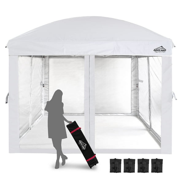 AIGOCANO Canopy Tent with Netting Screen 10x10 Easy Pop Up Gazebo for Outdoor Parties Camping Foldable Patio Gazebo with Roller Bag and 4 Sandbags (White)