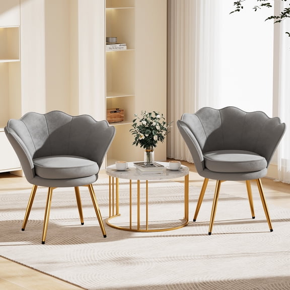 FervorFurn Velvet Vanity Chair Set of 2, Shell Back Accent Chair with Gold Legs, Comfortable Upholstered Makeup Chair for Bedroom & Living Room