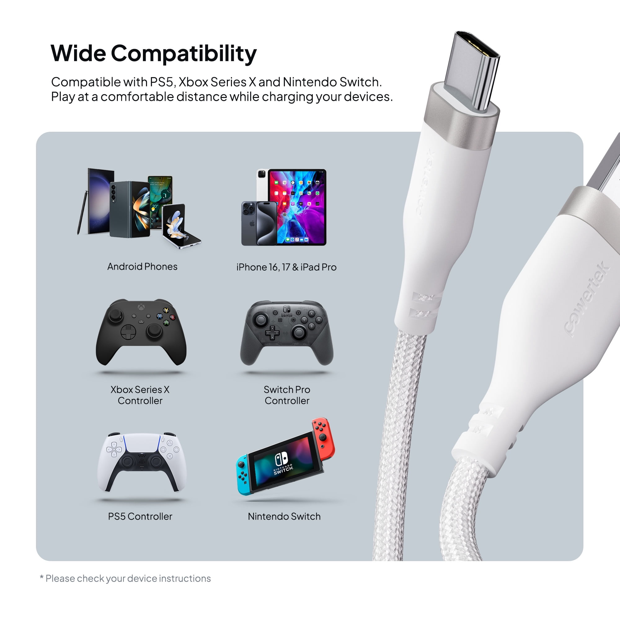 Liquipel Powertek Type-C Fast Charger Cable, 6ft USB-C for Galaxy, Note, Tab, MacBook, Premium White