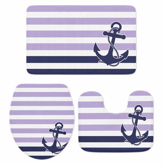 Anchor Purple Bath Mat 3 Piece Bathroom Rug Set, Modern Navy Blue White Striped Nautical Non Slip Bath Rug Contour Mat and Toilet Lid Cover, Absorbent Shower Mats Soft Bath Rugs and Mats Sets