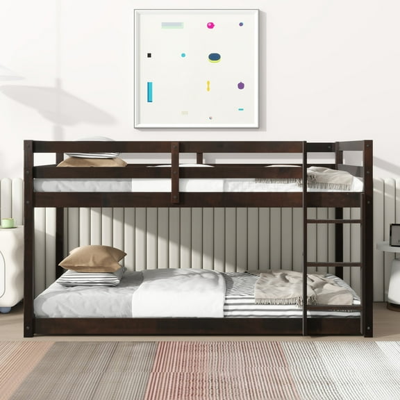 Twin over Twin Bunk Bed, Wooden Bunk Bed Frame with Ladder and Safe Guardrail, Strengthened Slats, Espresso