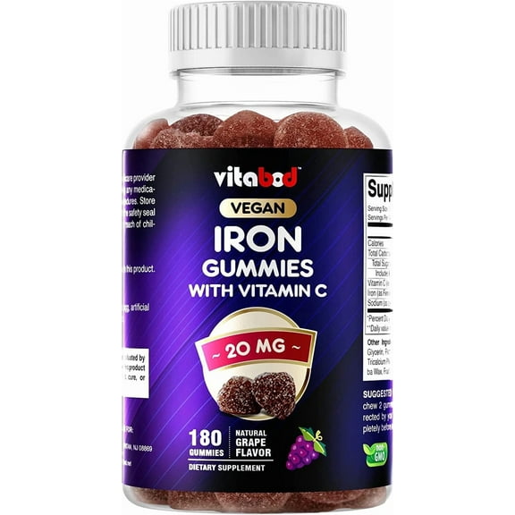 Vitabod Iron Gummies Supplement for Women, Men & Kids - 20mg - 180 Pectin Gummies
