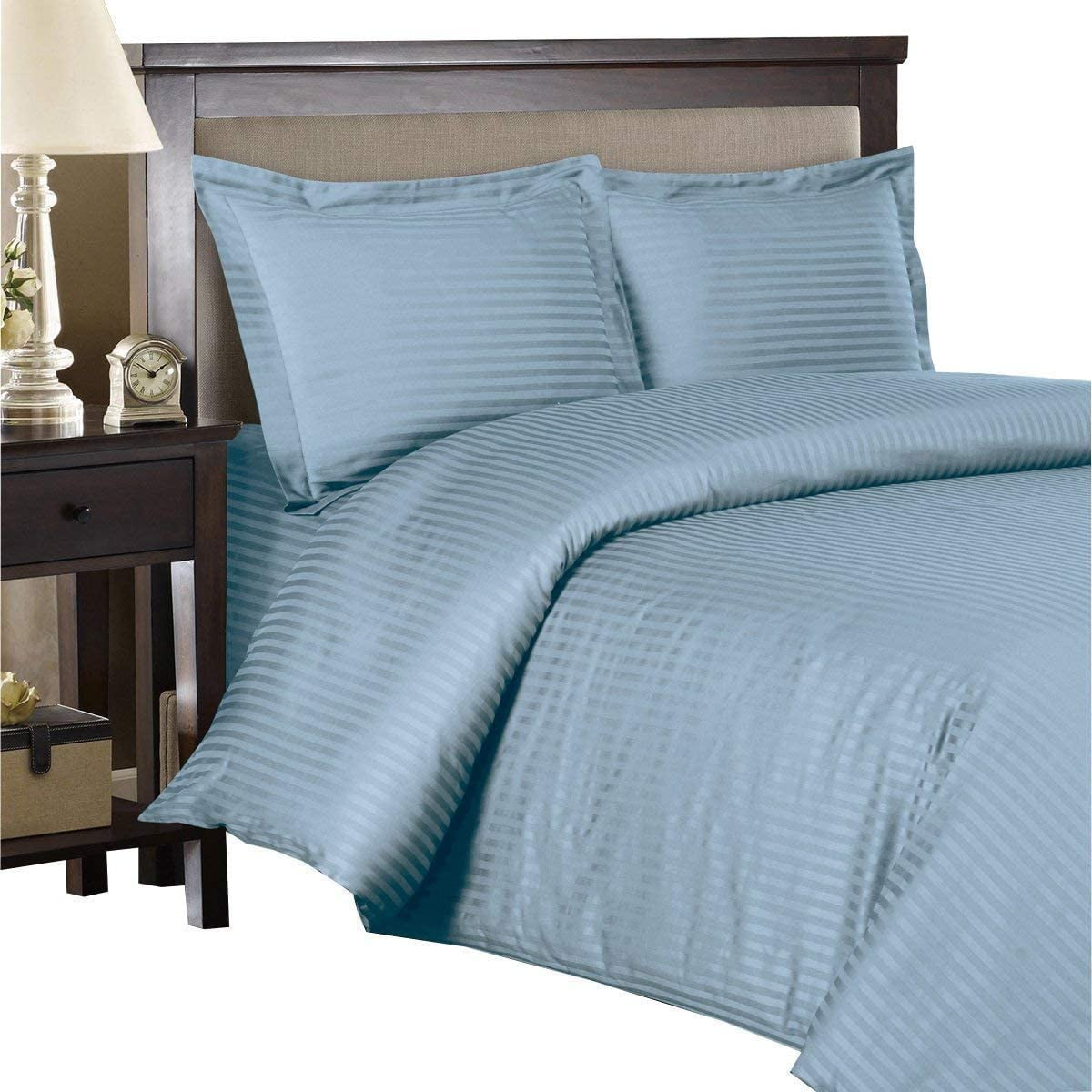 800 TC 100% Egyptian Cotton Premium 5PCs Duvet set ( 1- Duvet Cover + 4 - Pillow Shams ) Zipper Closur Ultra Soft Durable and Fade Resistant Color Light Blue Stripe size Full