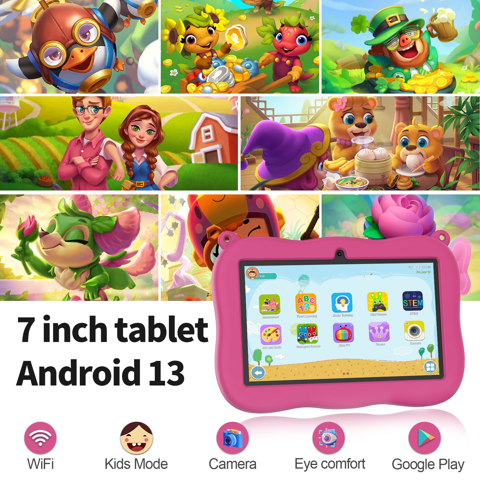 Tablet 7 inch Kids Tablet,Android 13,4GB RAM 32GB ROM,1024x600 Touch Screen with Kid-Proof Case,Parental Control,Pink