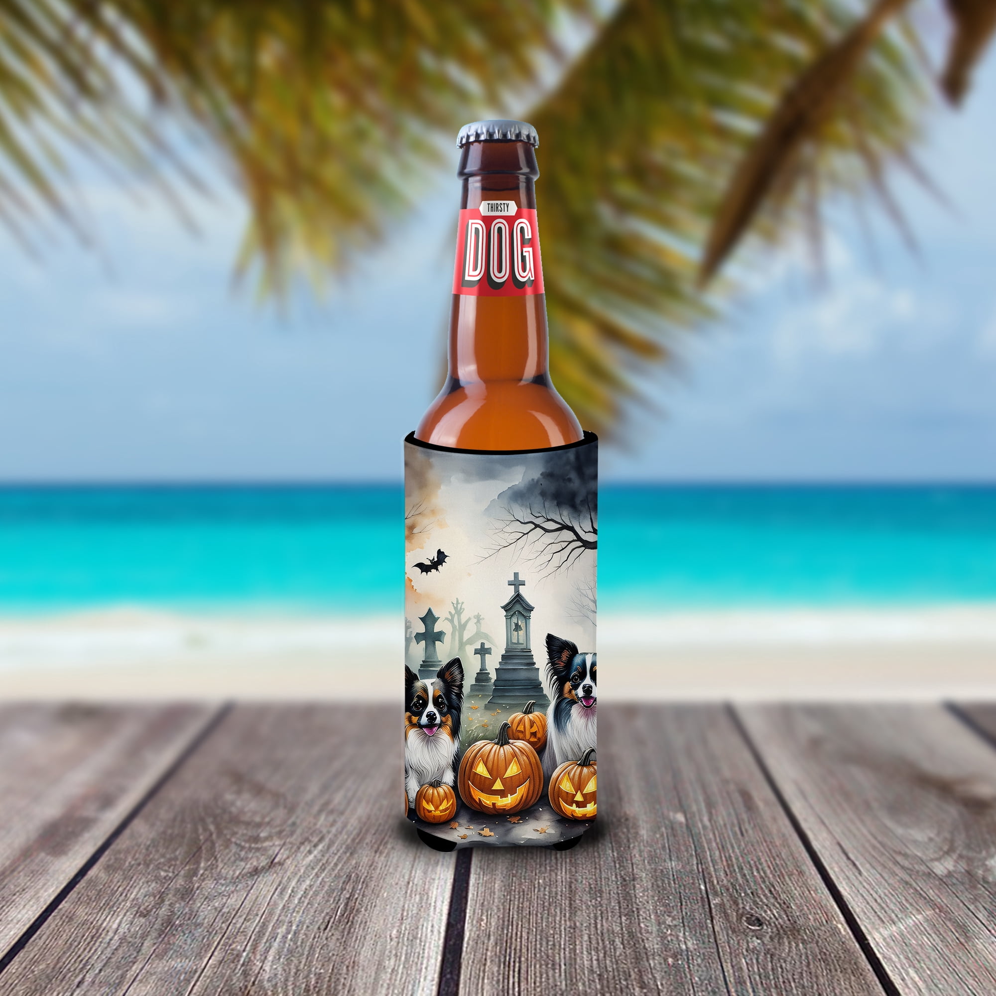 Carolines Treasures  0.25 x 6.5 x 4 in. Papillon Spooky Halloween Hugger for Ultra Slim Cans