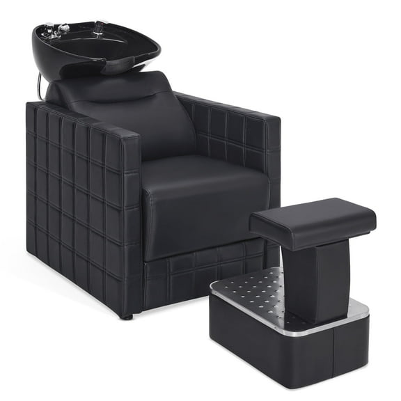 BarberPub Backwash Shampoo Chair Salon Hair Washing Station with Ceramic Shampoo Bowl, Footrest