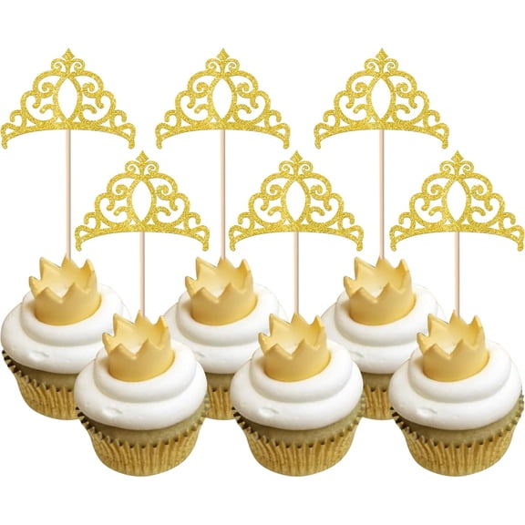 Gold Glitter Crown Cupcake Toppers, Princess Tiara Theme Party Picks for Birthday Baby Shower Cake Decorations, 10 PCS