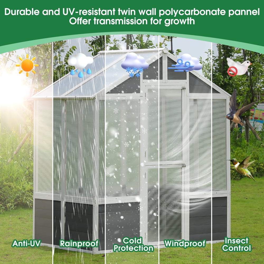 6×4FT Walk-In Wooden Greenhouse with Polycarbonate Panels & Front Door, Outdoor Plant House for Patio & Backyard