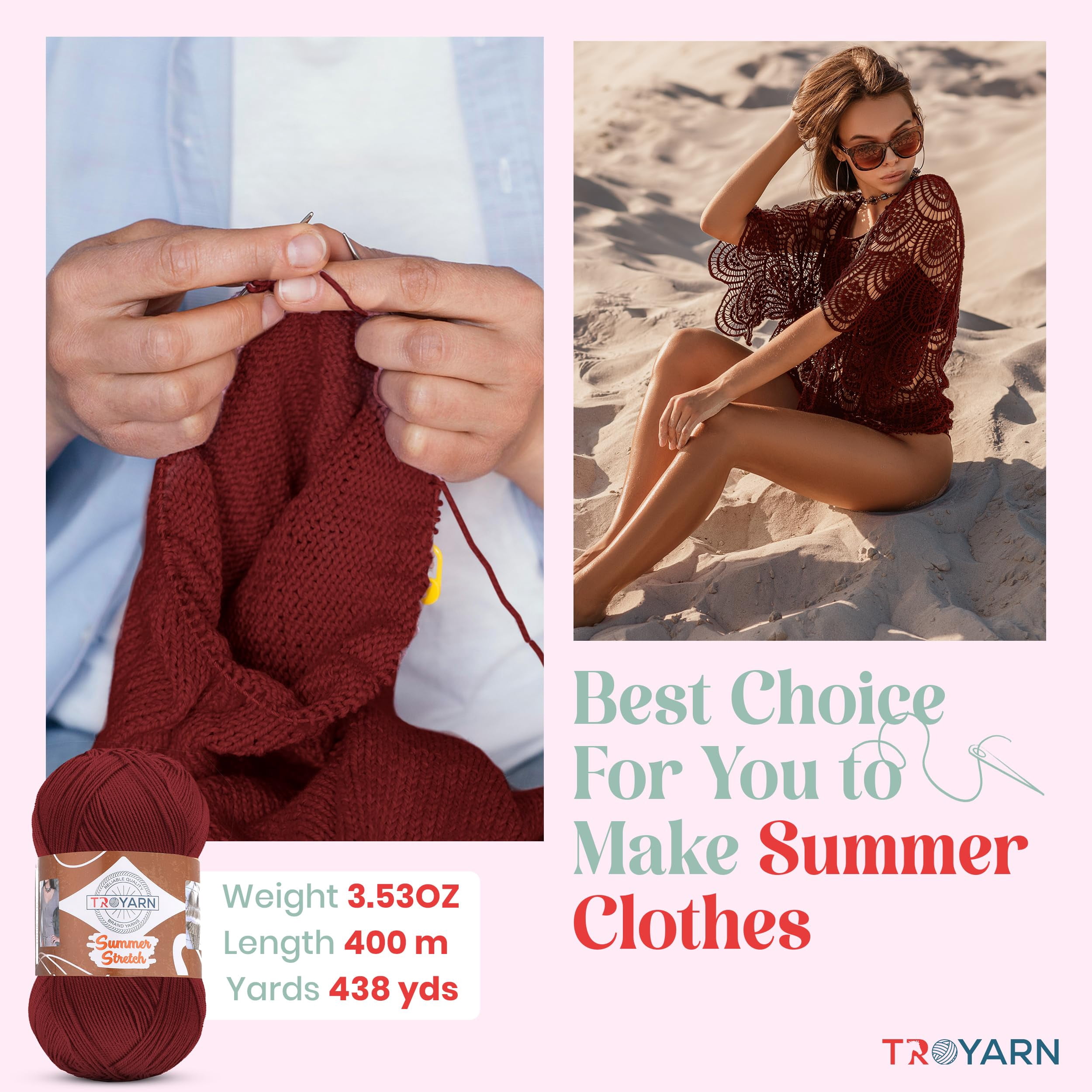 Troyarn Summer Stretch Acrylic Yarn for Crocheting - 4 Skein Red Yarn Made from 100% Elastic Microfiber Acrylic for Knitting, 100gr 438 yds (11457 - Claret Red)