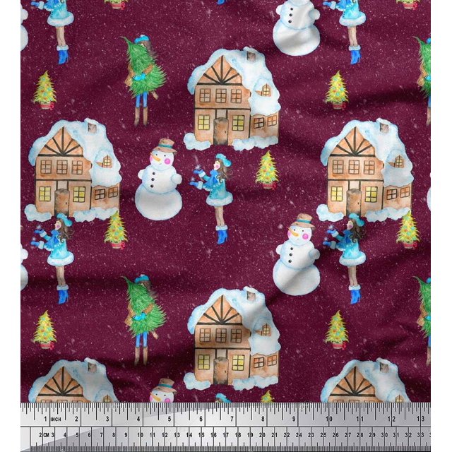 Soimoi Purple Rayon Fabric Snowman,House & Tree Christmas Print Sewing Fabric Yard 56 Inch Wide