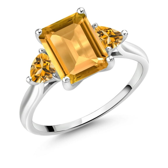 Gem Stone King 10K White Gold Yellow Citrine 3 Stone Engagement Ring for Women (2.75 Cttw, Octagon 9X7MM, Gemstone November Birthstone, Size 7)