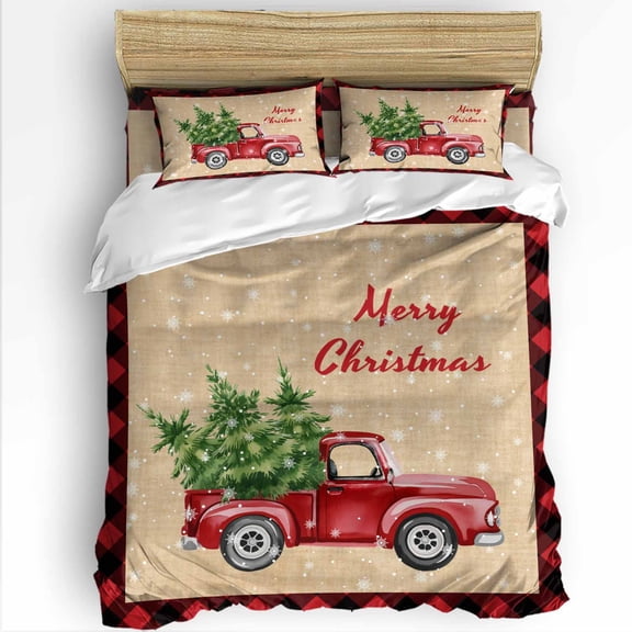 Merry Christmas Winter King Size Comforter Set, Red Truck Red Plaid Xmas Linen Soft Bedding for All Seasons, 4 Pcs Bed Set with 1Comforter (90"x106") ,1 Sheet(94"x116"), 2 Pillowcases (19"x35")