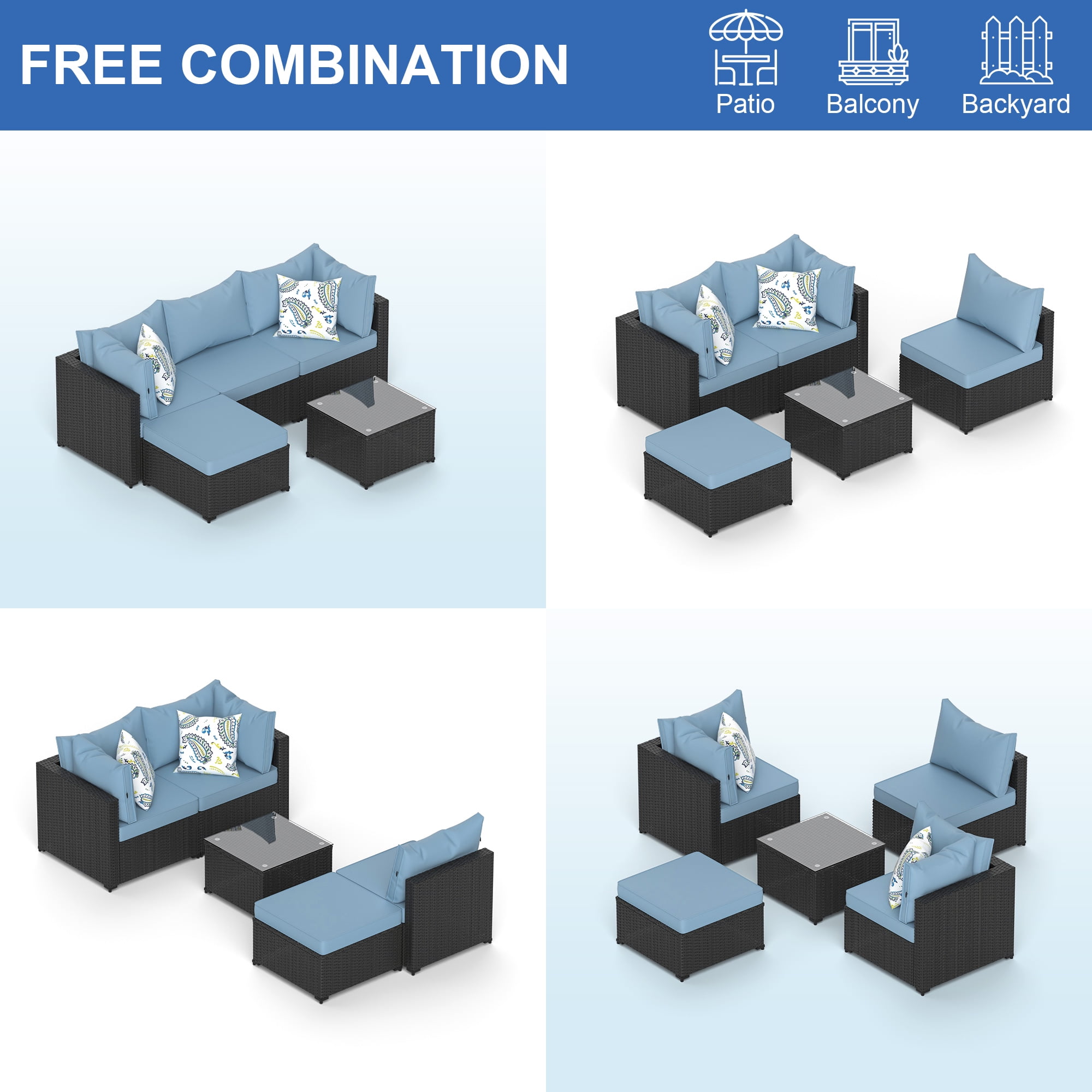 Phonjoroo 5PCS Patio Furniture Sets All Weather Outdoor Sectional Sofa Manual Weaving Wicker Rattan Outdoor Conversation Set with With Cushion And Glass Table, Light Blue