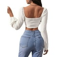thumbnail image 5 of Seyurigaoka Women's Square Neck Crop Tops Long Sleeve Solid Color Slim Fit Asymmetrical Navel T-Shirts for Club Party, 5 of 7