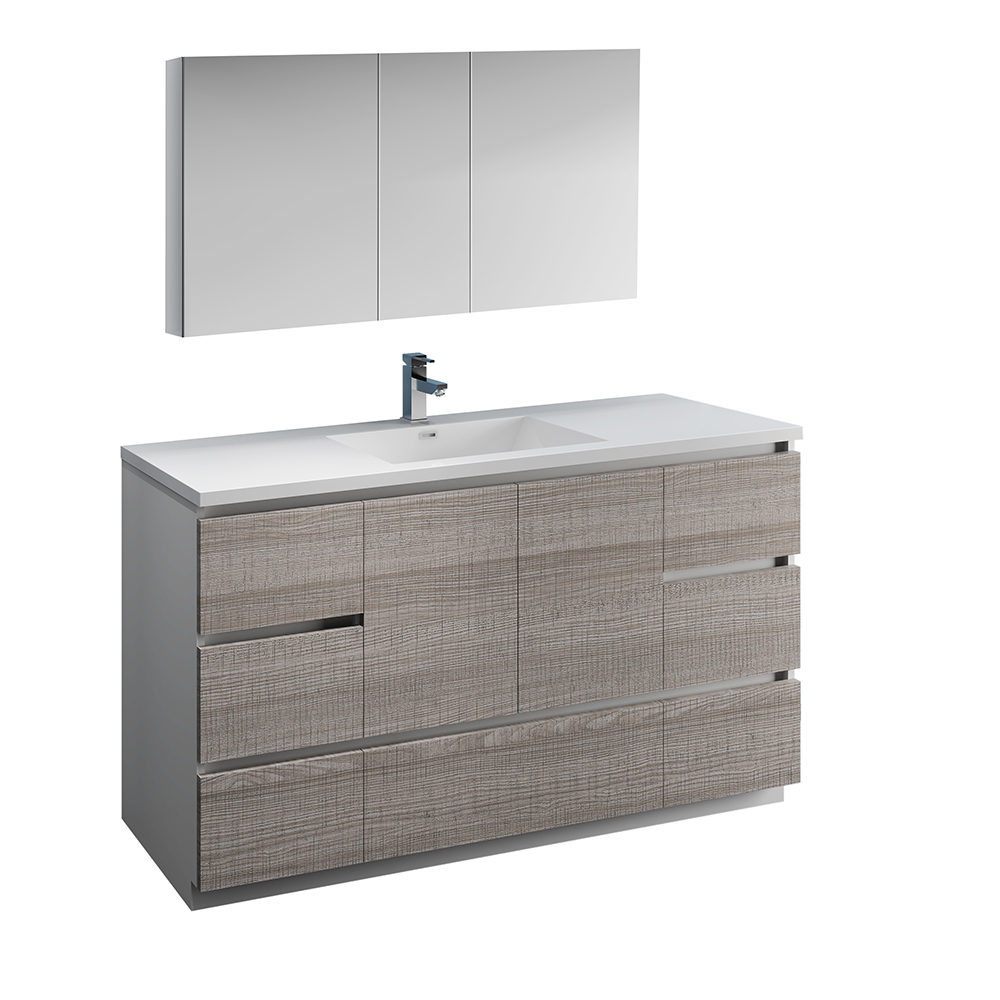 60" Glossy Ash Gray Free Standing Single Sink Bathroom Vanity, Medicine