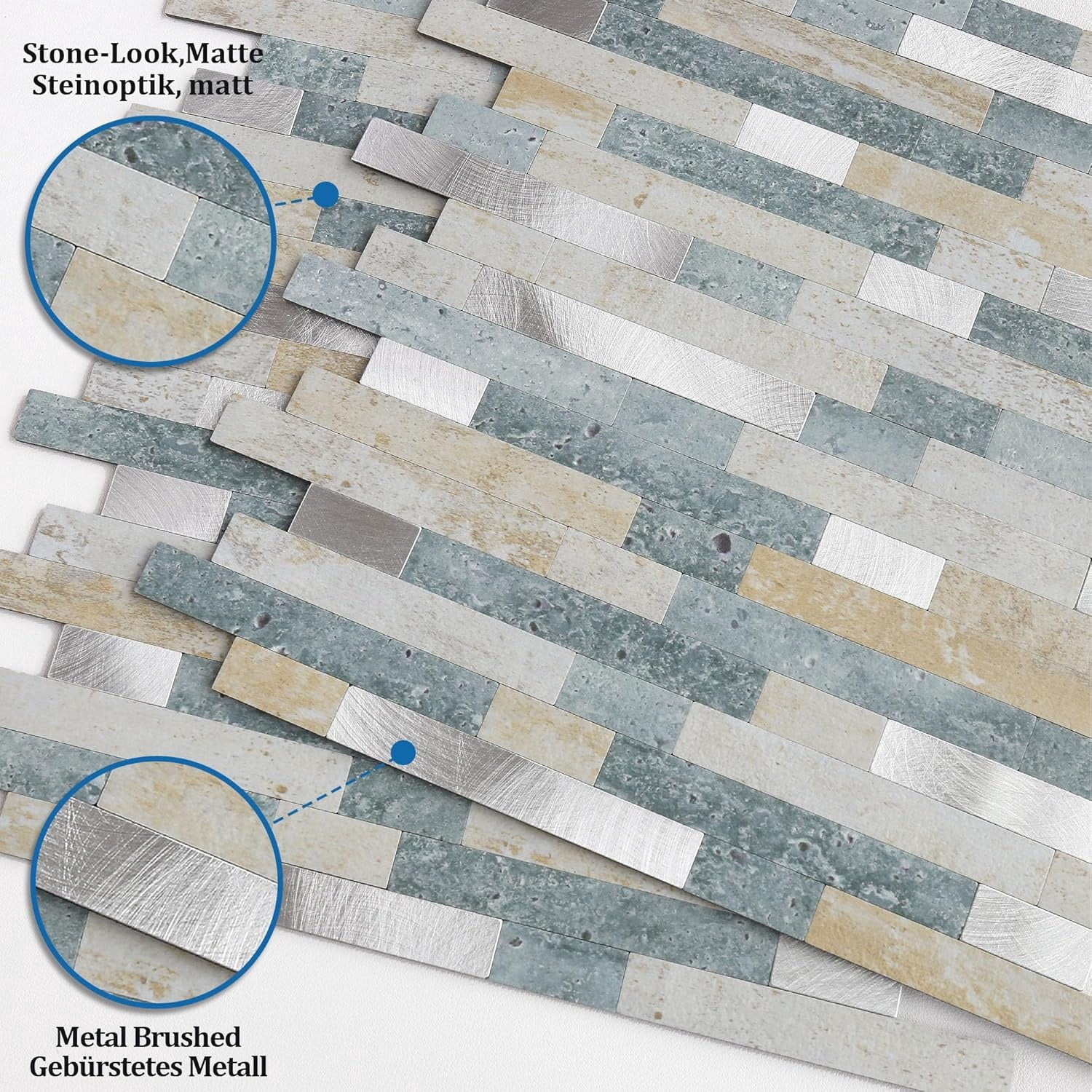 3D Stone Brick Backsplash Tile for Kitchen Peel and Stick Self-Adhesive Wall Tile,Marble Linear Mosaic Tiles Stickers Bathroom Wall Panels Fireplace Vanity (Blue Green Gray,10sheets)
