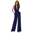 thumbnail image 4 of IBTOM CASTLE Women's Sexy High Waisted V-Neck Halter Wide Leg Long Pants Jumpsuit L Navy Blue, 4 of 8