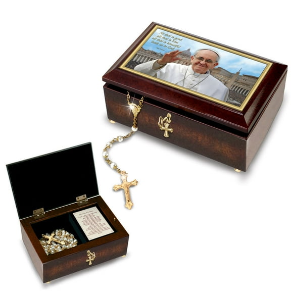 The Bradford Exchange Pope Francis Music Box Handcrafted Mahogany Finish with Golden Faux Pearl Rosary Plays "Amazing Grace" 4"W x 6" L