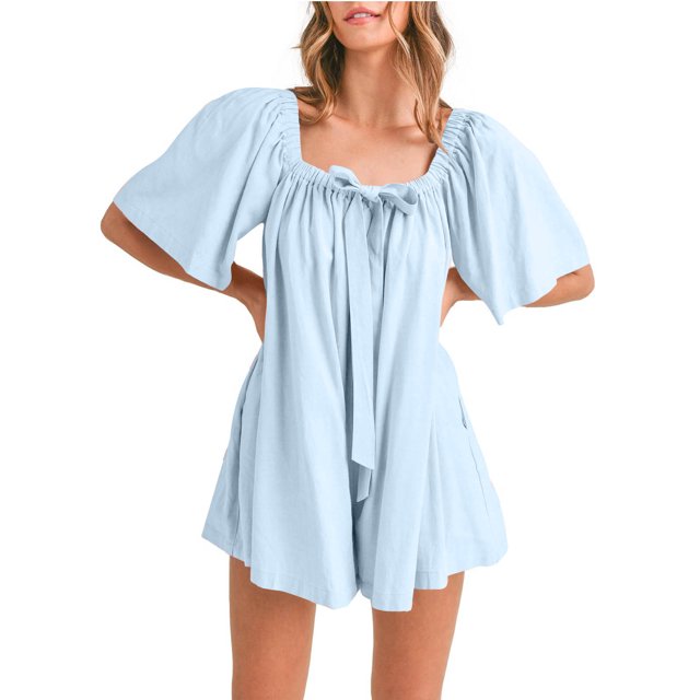 Nuoqisi Women's Solid Color Square Neck Short Sleeve Convertible Off-Shoulder Tie Strap Romper Jumpsuit - Versatile One-Piece with Adjustable Neckline for Summer Style