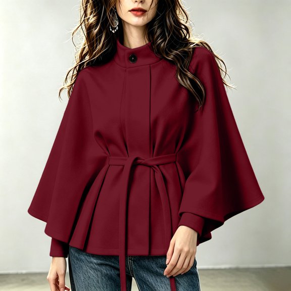 thefmos Women's Long Sleeve Poncho Coat Mock Neck Casual Solid Color Fashion Belted Business Jacket Outerwear Fall Winter Outfit, Red S