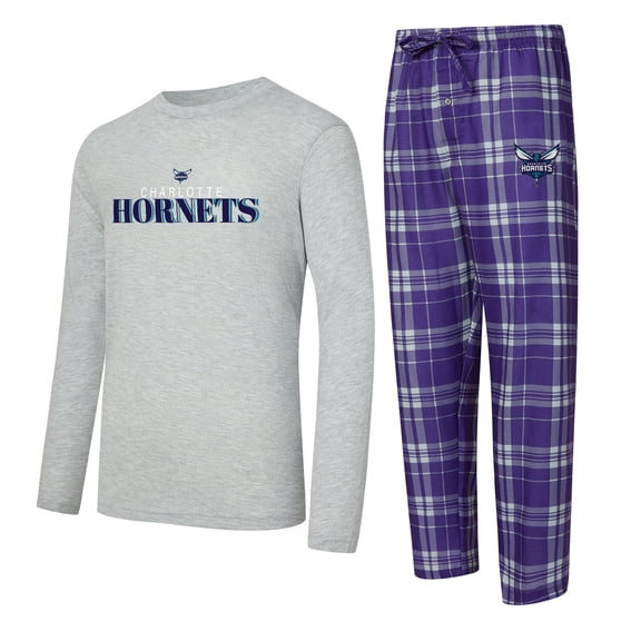 Men's Concepts Sport Purple/Heather Gray Charlotte Hornets Regulate Long Sleeve T-Shirt & Plaid Pant Set