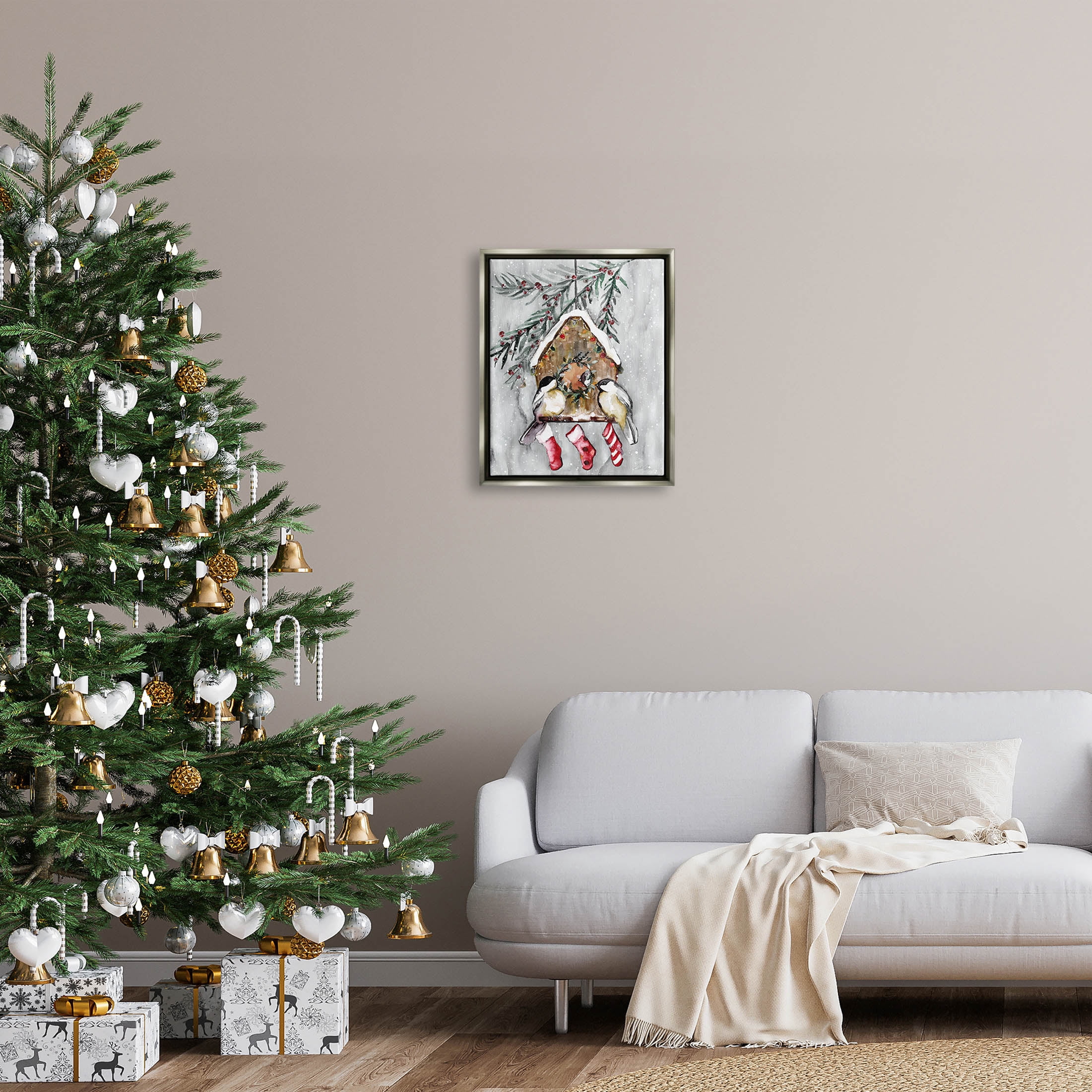 Stupell Industries Holiday Stockings Birdhouse Perched Graphic Art Luster Gray Floating Framed Canvas Print Wall Art, Design by Stella Chang