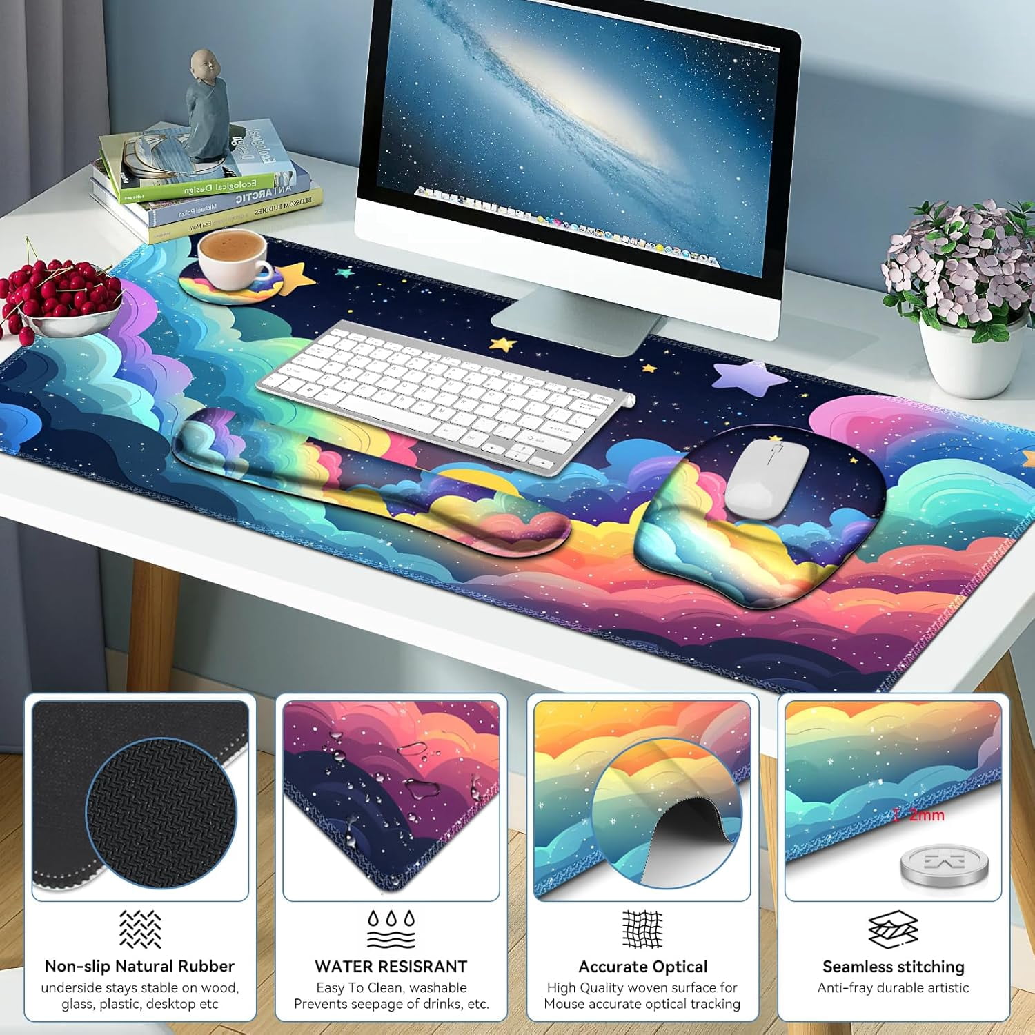Mouse Pad with Wrist Support 4 in1 Set, XXL Big Game Mousepad + Keyboard Wrist Rest + Mouse Wrist Rest Pad +Coaster Gaming Mat for Home Office Work Computer Laptop I Colorful Clouds Starry Night