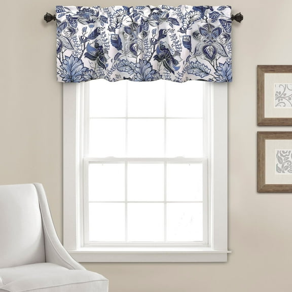 Lush Decor Cynthia Jacobean Room Darkening 18" x 52" + 2" Header Floral Blue 100% Polyester 3" Rod Pocket Single Valance