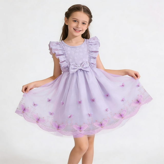 hengsof Robes pour Filles Robes Sans Manches à Volants Robes à Nœud Sucré Robes Imprimées à la Mode Robes en Tulle Style Princesse Mignon