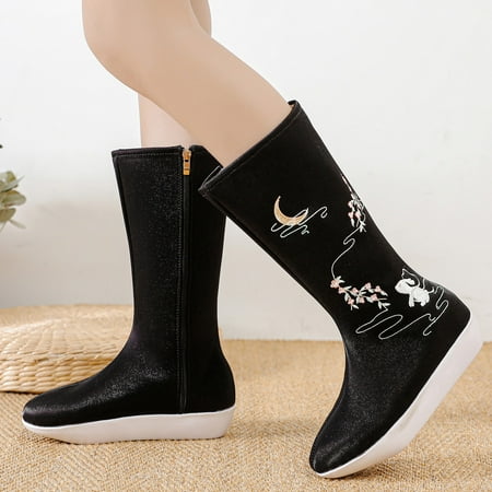 

eczipvz Womens Shoes Boots for Women Women Boots Fashion Boots Inner High Heel Old Cloth Shoes National Style Bare Knee High Boots for Women Wide Calf Suede Black-8