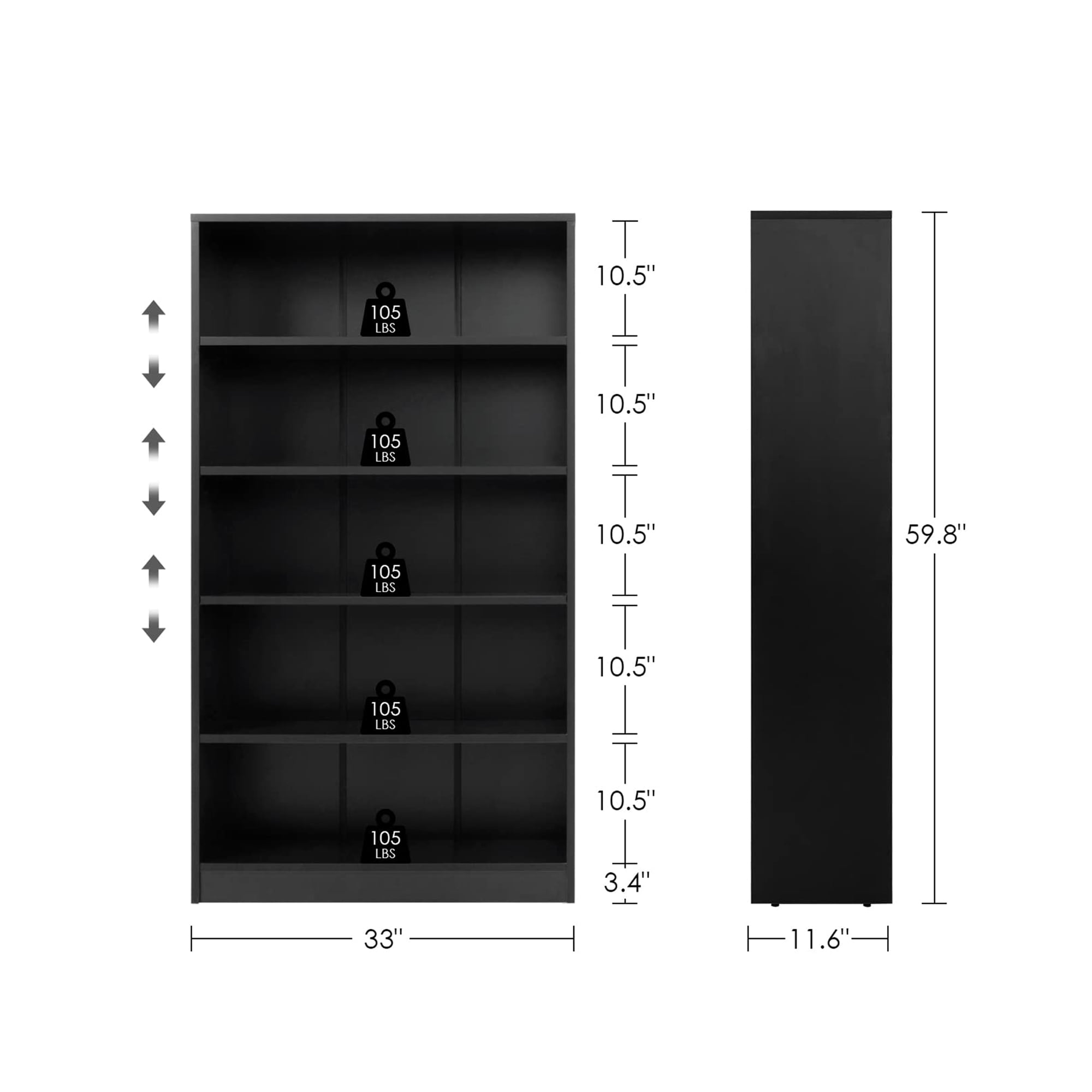 MAYEERTY Black 4-Shelf Modern Wood Bookcase, 48" Tall, for Bedroom, Living Room, and Manga Library