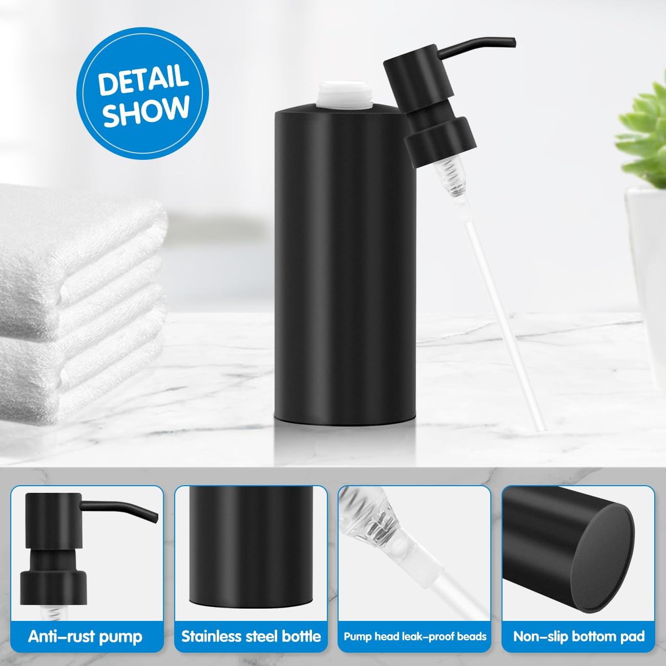 Matte Black Soap Dispenser Stainless Steel 11.8 OZ - Liquid Hand Lotion Dispenser Decor Refillable Dishwashing Soap Dispenser for Kitchen Bathroom Countertops