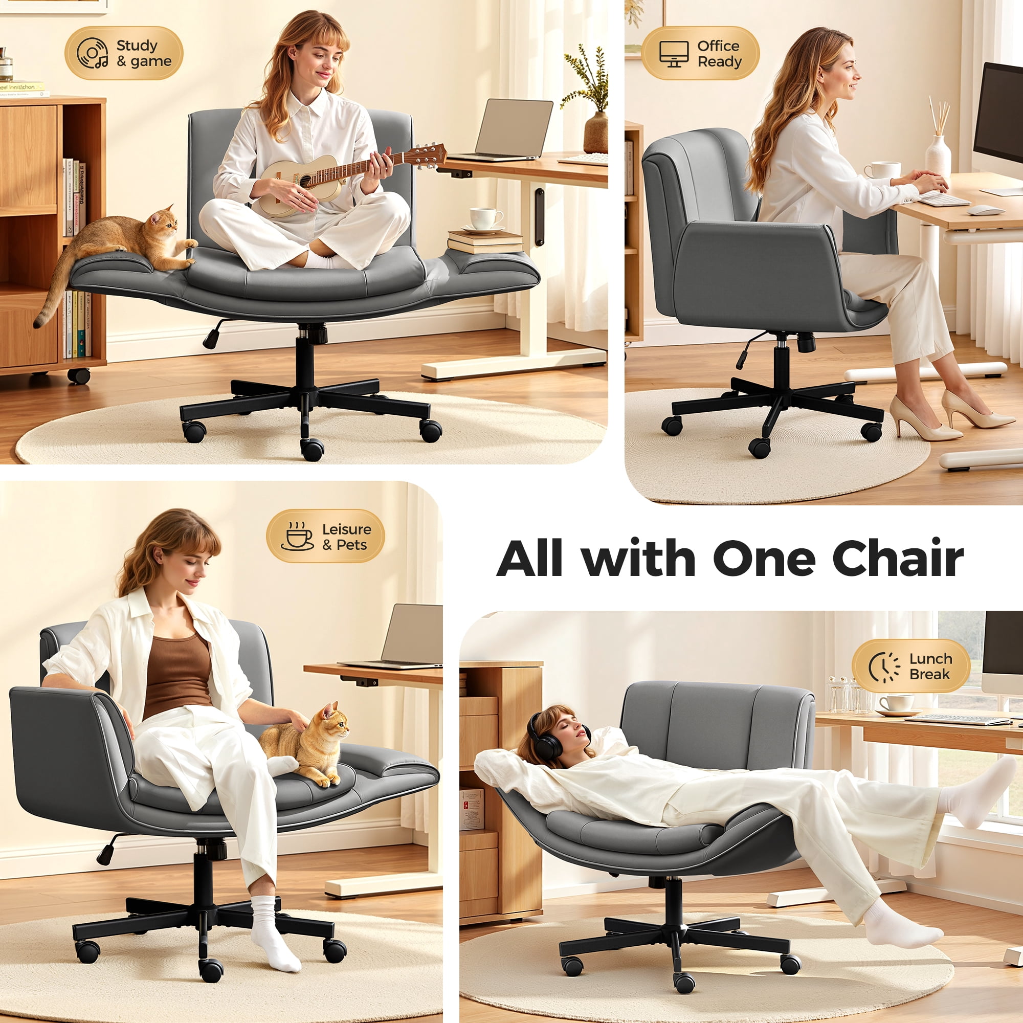 COOLHUT Criss Cross Office Chair, PU Leather Vanity Chair with Armrests and Wheels, Comfy Adjustable Swivel Ergonomic Criss Cross Chair for Home Office Bedroom Makeup, Dark Gray