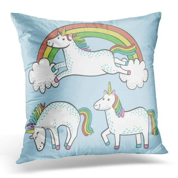 BSDHOME Colorful Fairy of Three Quirky Cartoon Unicorns with Rainbow Manes and Tails Jump Pillow Case Pillow Cover 18x18 inch