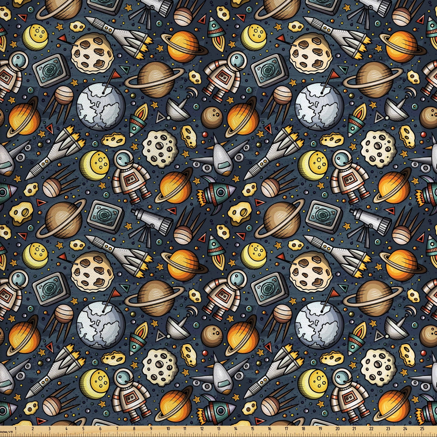 Cartoon Fabric by the Yard Upholstery, Space Cosmos Galaxy Planet ...