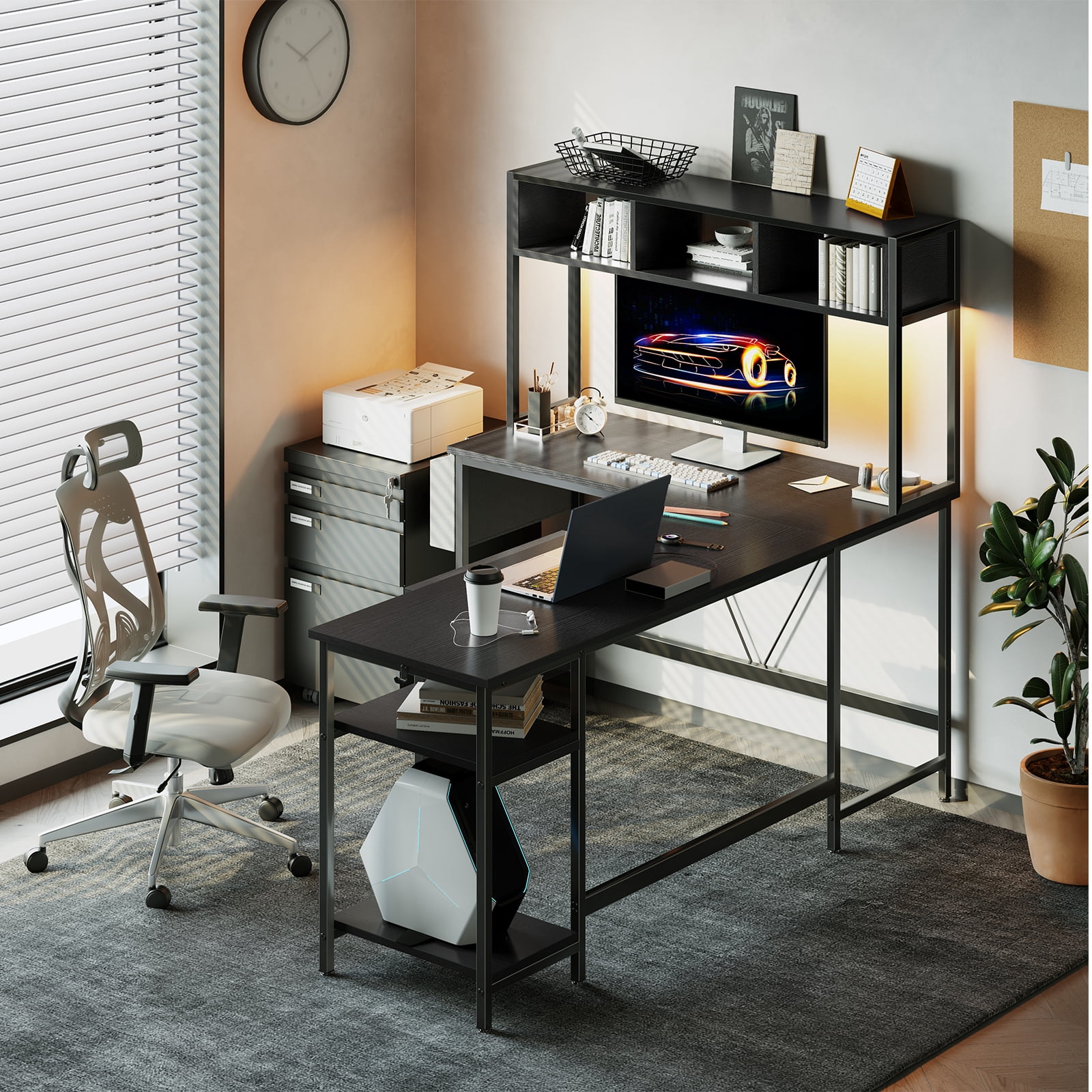 MCQ 94.5" Large L-Shaped Gaming Desk with LED Lights, Power Outlets, Drawer, Keyboard Tray & Hutch, Black