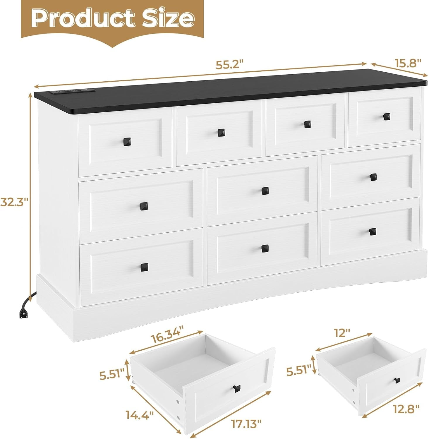 Farmhouse Dresser for Bedroom 55" Long 10 Drawers Dresser with Charging Station, Large Chest of Drawers for Bedroom Living Room Closet, White&Black