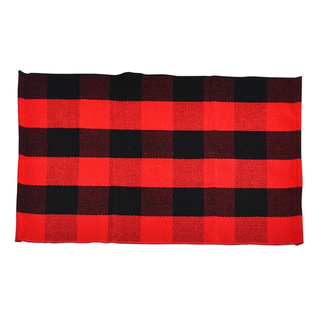 Maoww Hand-Woven Cotton Plaid Area Rug Anti Slip Doormat Floor Mat Layered Carpet for Laundry Kitchen, Red Black, 90x60cm