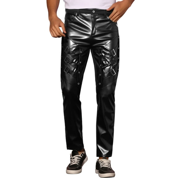 INSPIRE CHIC Faux Leather Pants for Men's Slim Fit Punk Hip Hop Disco Club PU Trousers Black 30