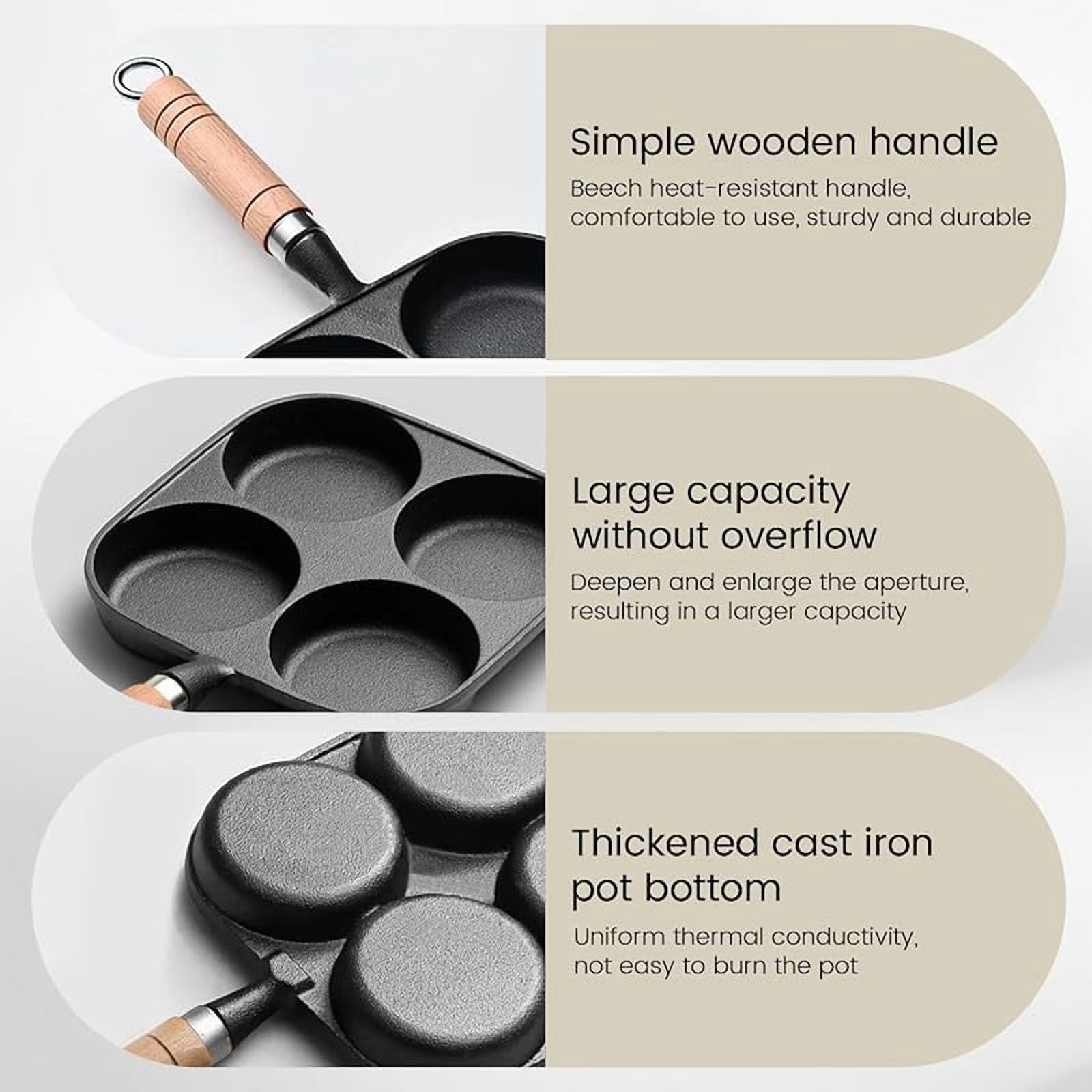 4 Cup Cast Iron Egg Frying Pan,Household Cast Iron Fried Egg Pan with Wooden Handle,Egg Burger Omelette Pot Pancake Pot Cooker Griddle,Breakfast Non-Stick Skillet for Egg,Kitchen Cooking Tool (Black)