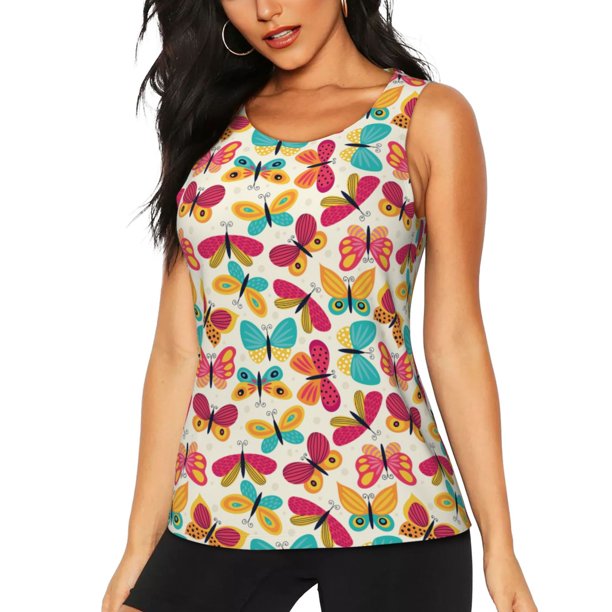 Fotbe Colorful Butterflies Blusas Sin Mangas para Mujer – Estilo Casual, Corte Suelto, Slim-Fit, Cuello Redondo Deportivo, Tops de Verano para Gimnasio y Yoga-Medium