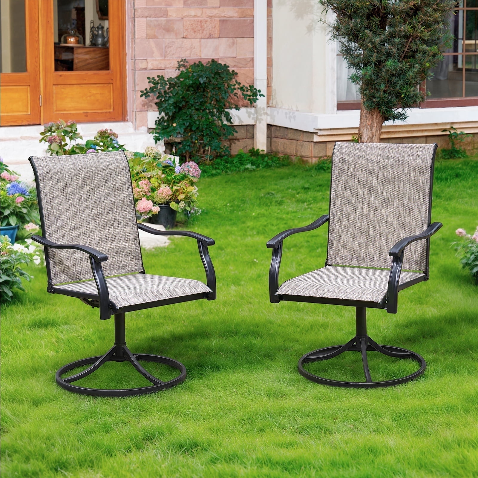 Dovov Patio Swivel Chairs Set of 2, Outdoor Dining Chairs High Back All Weather Textilene Swivel Patio Chairs with Metal Rocking Frame for Lawn Garden Backyard Deck Porch, Brown