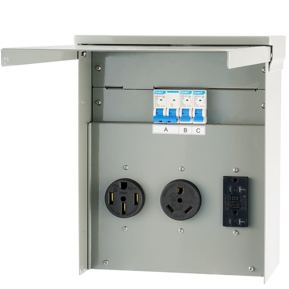 VEVOR Temporary Power Outlet Panel, 125/250V, RV Power Outlet Box with a 20/30/50 Amp Receptacle Installed, NEMA 14-50R / NEMA TT-30R / 15A GFCI for RV Camper