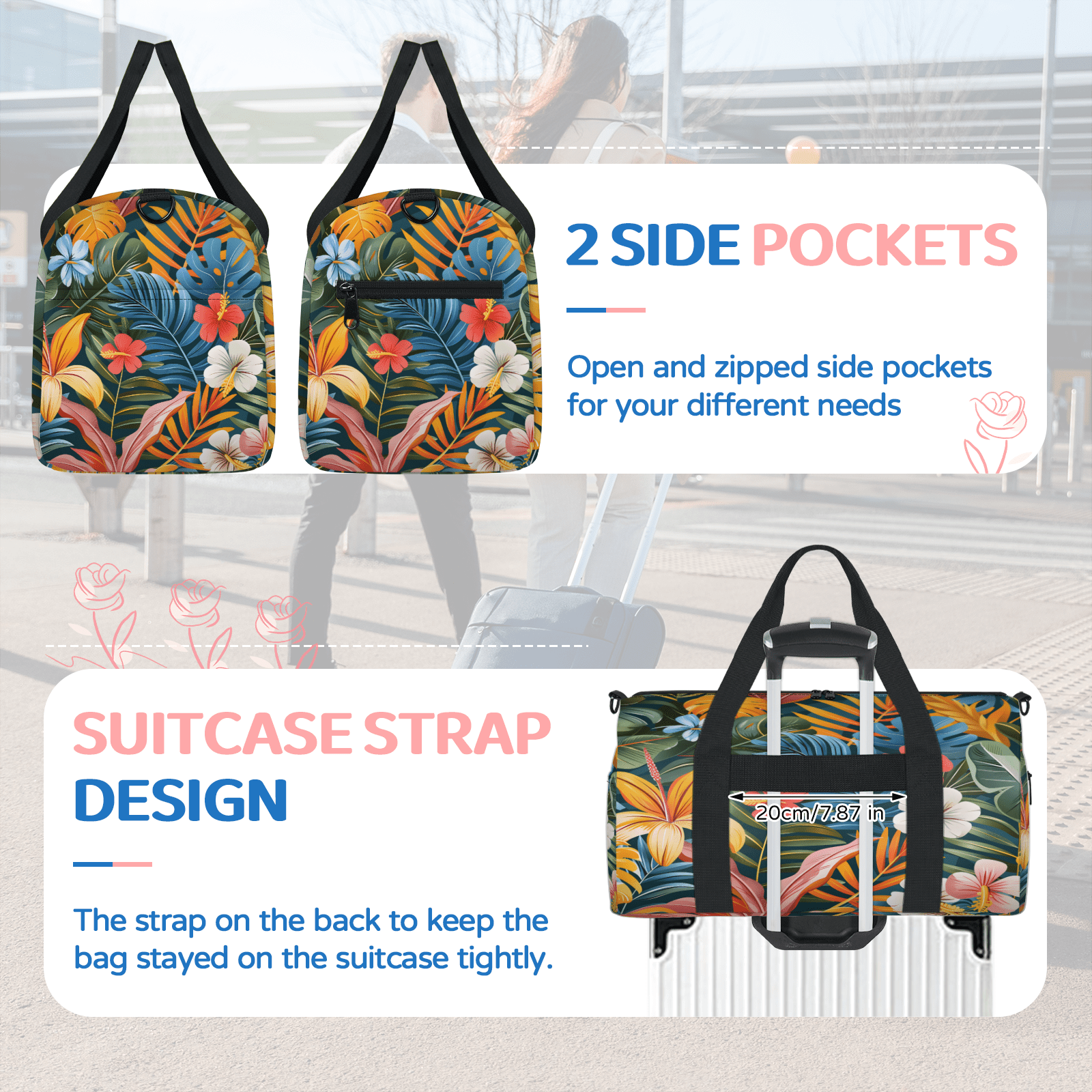Herdesigns Tropical Plant Leaf Gym Bag for Women, Duffle Bag for Travel Sport, Palm Leaves Lightweight Waterproof Carry on Weekender Dance Yoga Workout Bags
