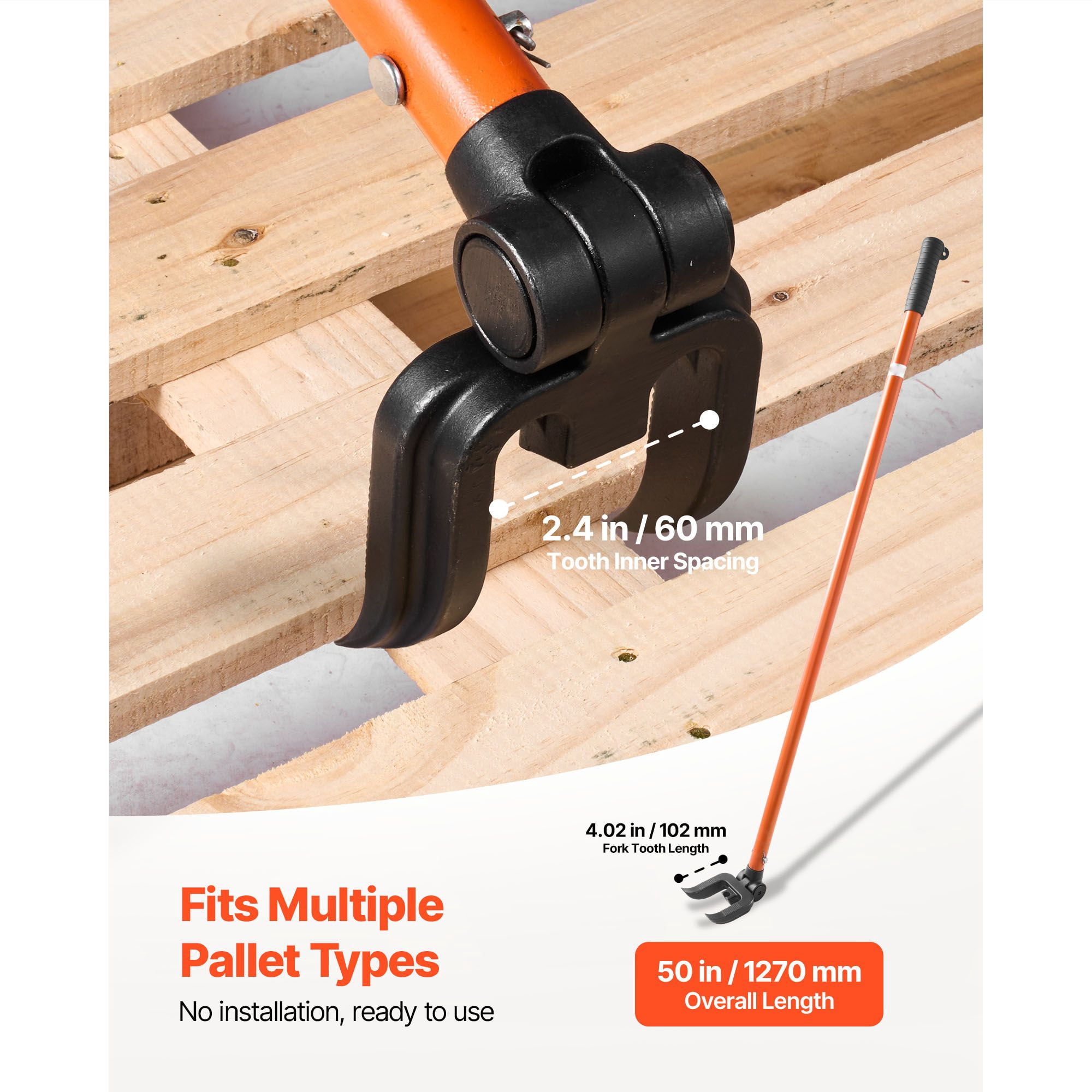 Heavy-Duty Lever Pallet Buster with 2000 lbs Prying Capacity, 50" Length, Heat-Treated Carbon Steel, for Pallet Deck Removal