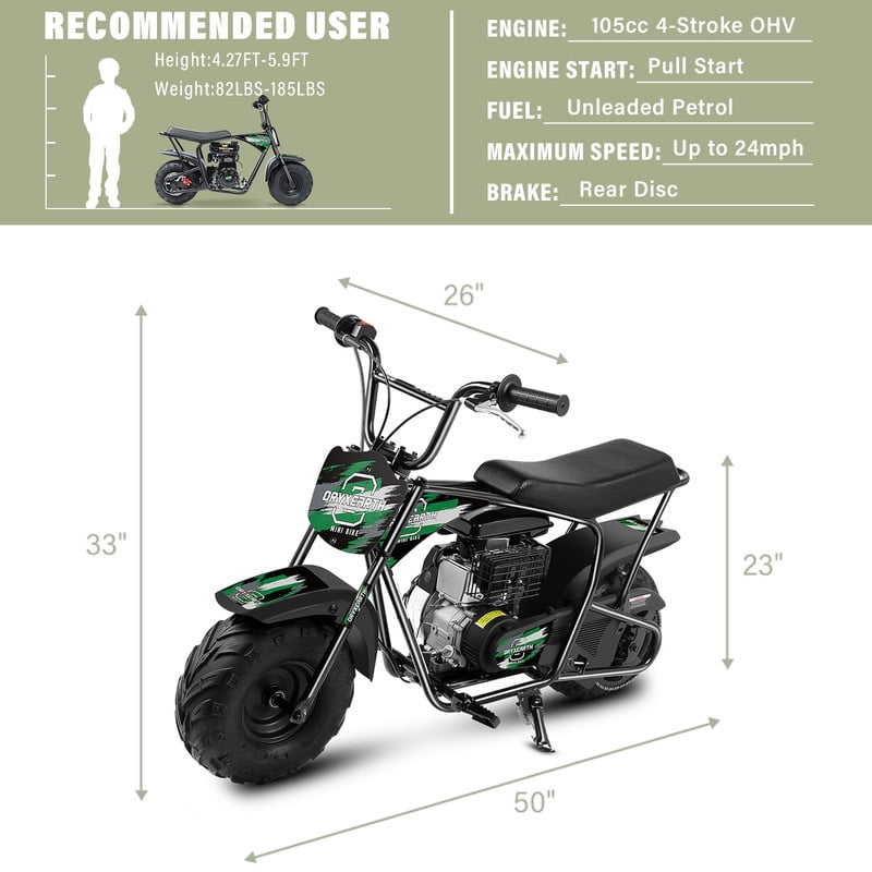 Oryxearth OGMR105 Upgrade Mini Dirt Bike, 105cc 4-Stroke Gas Powered Off Road Bike for Teens and Adult, 24mph, Racing Green