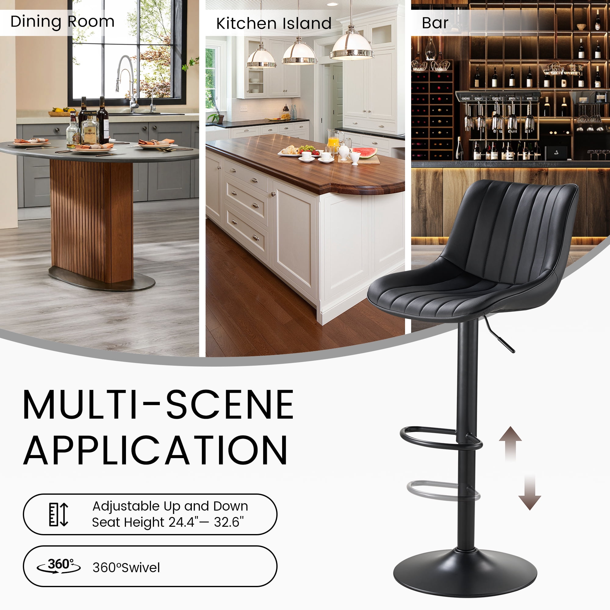 SAETSFEG Bar Stools, Adjustable Swivel Counter Height Bar Stool with Footrest, Modern PU Leather Bar Chairs for Kitchen Island, Dining Room, Black