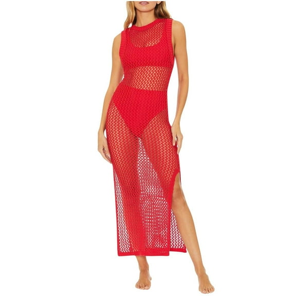Luxalzxs Womens Crochet Cover Ups Hollow Out Sleeveless Swimsuit Coverup Summer Long Knit Swimwear Bathing Suit Bikini Coverups Beachwear Vacation Bodycon Beach Dress