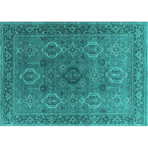 Ahgly Company Machine Washable Indoor Rectangle Oriental Turquoise Blue Industrial Area Rugs, 5' x 8'